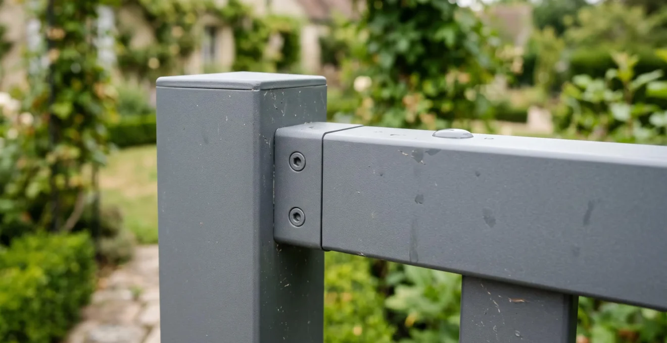 Gros plan sur la surface lisse et mates d'un panneau d'aluminium thermolaqué avec une goutte d'eau perlée.